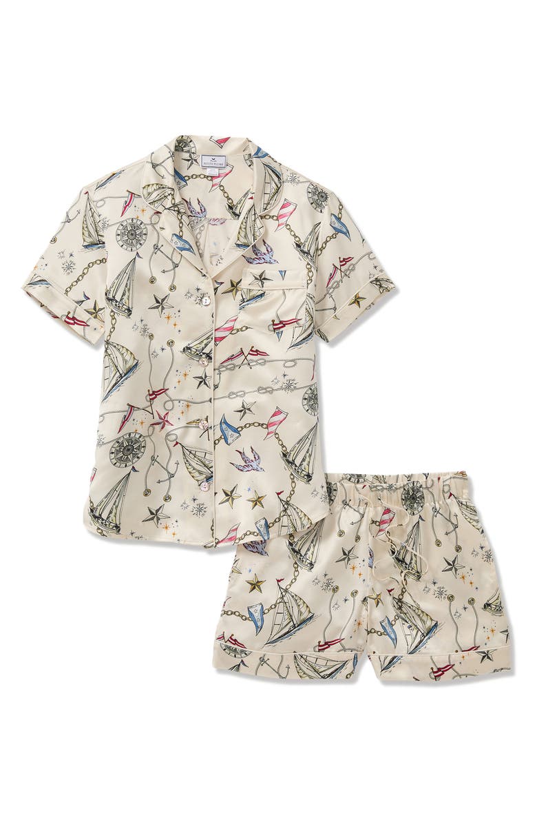 Petite Plume Regatta Royale Mulberry Silk Short Pajamas, Alternate, color, Beige
