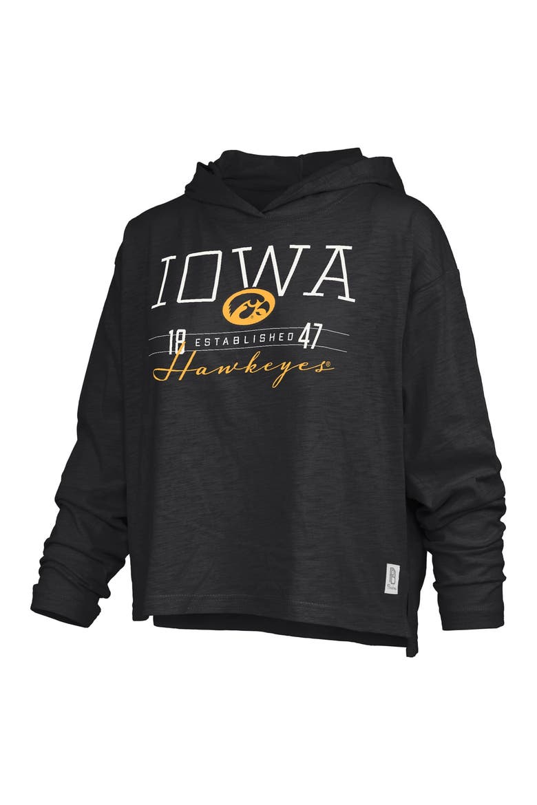 Women's Pressbox  Black Iowa Hawkeyes Castillo Slub Waist Length Long Sleeve Hooded T-Shirt, Alternate, color, Black