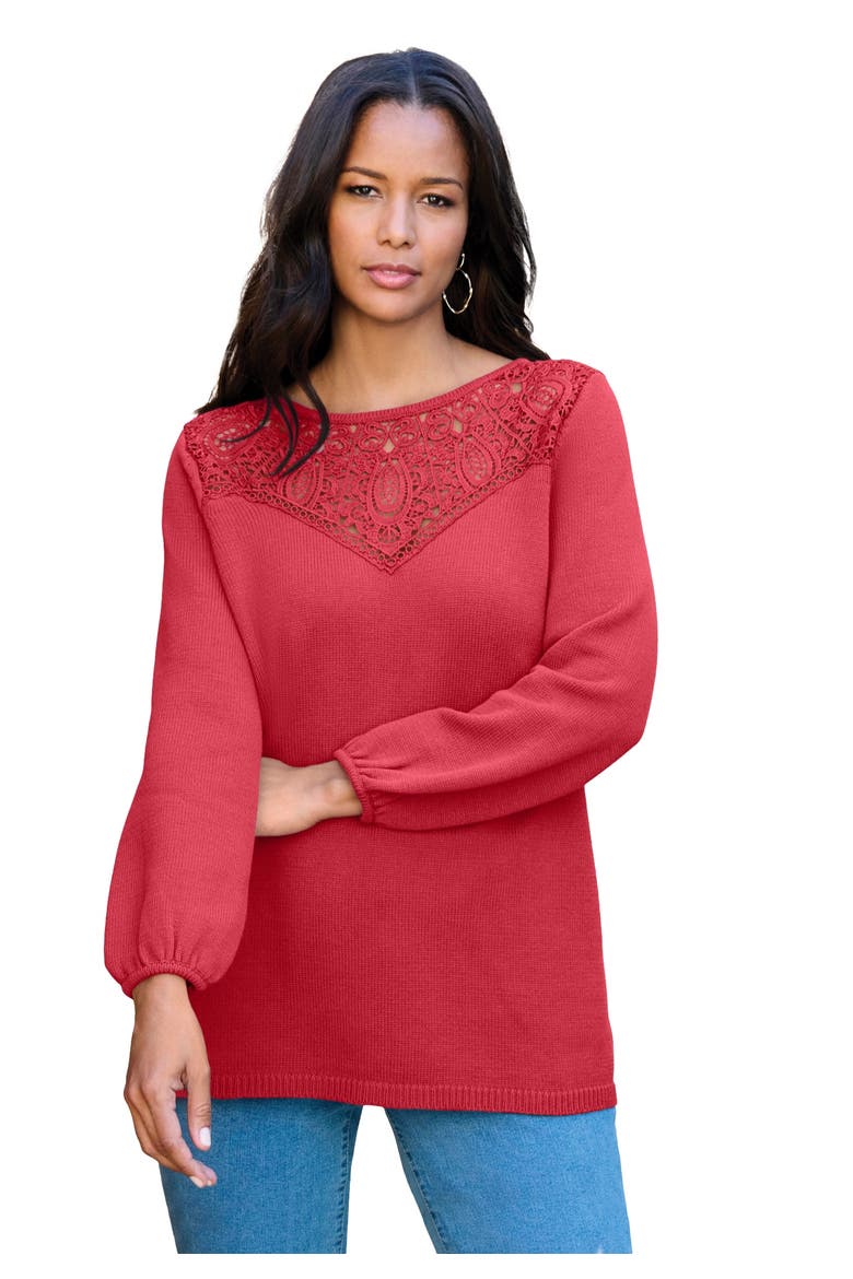 Lace Mesh Pullover Sweater, Main, color, DARK BERRY