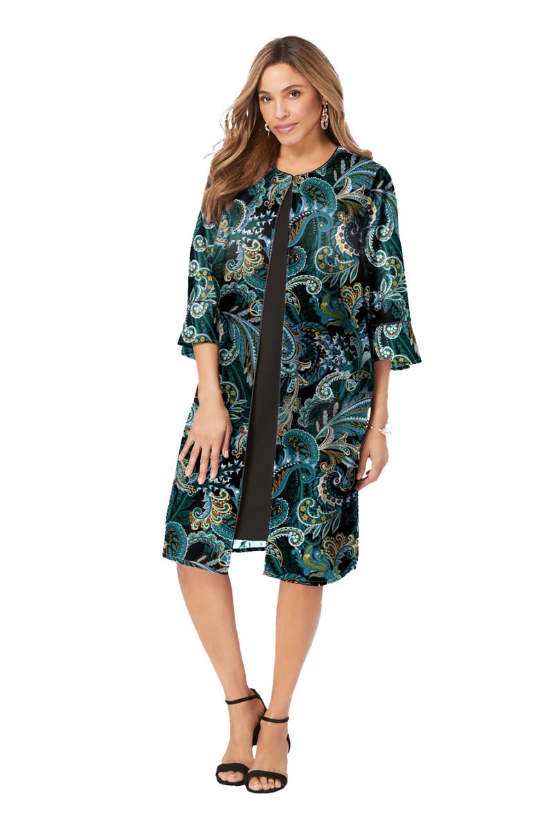 Jessica London 2-Piece Duster Jacket Dress, Main, color, Frost Teal Paisley