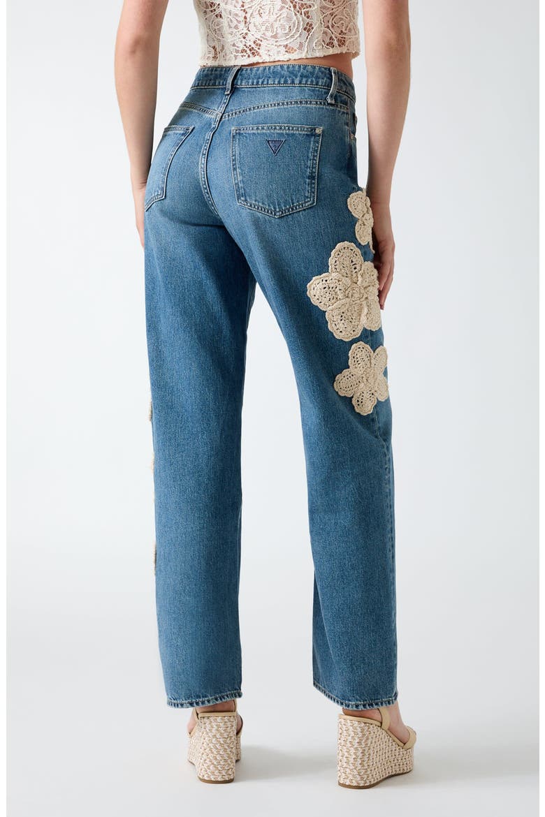 Gaia Floral Appliqué High Waist Straight Leg Jeans, Alternate, color, DARK BLUE