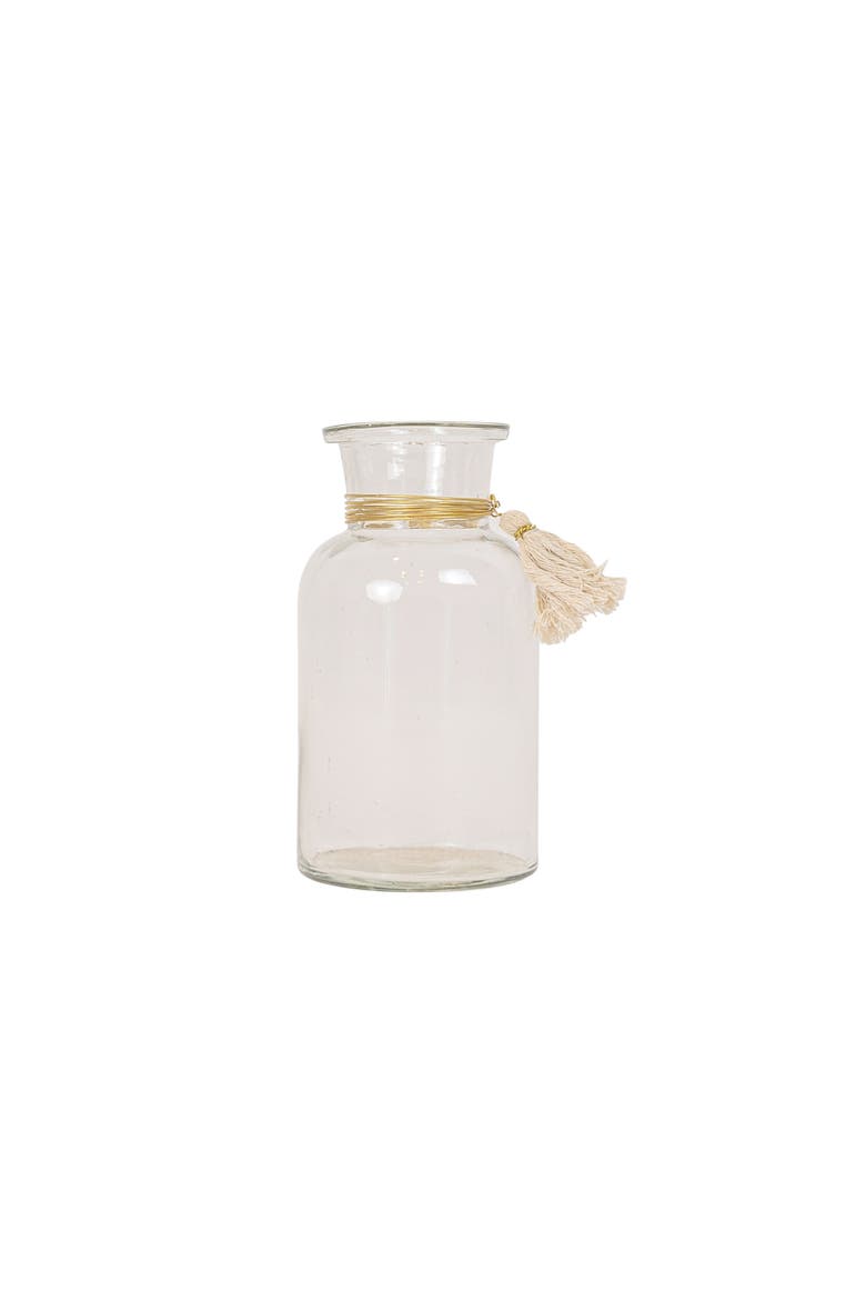 Tassel Embellished Bud Vase Glass Metal & Cotton, Main, color, Brown