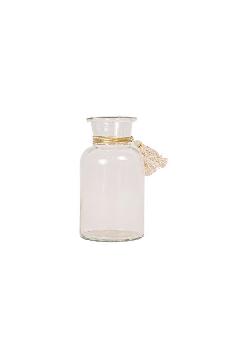Foreside Home and Garden Tassel Embellished Bud Vase Glass Metal & Cotton, Main, color, Brown
