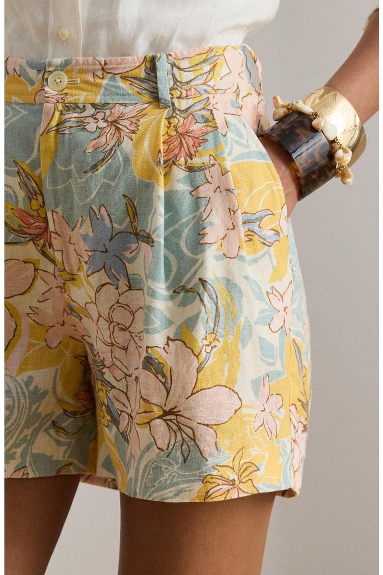 Floral Pleated Linen Short, Alternate, color, CREAM/ BLUE MULTI