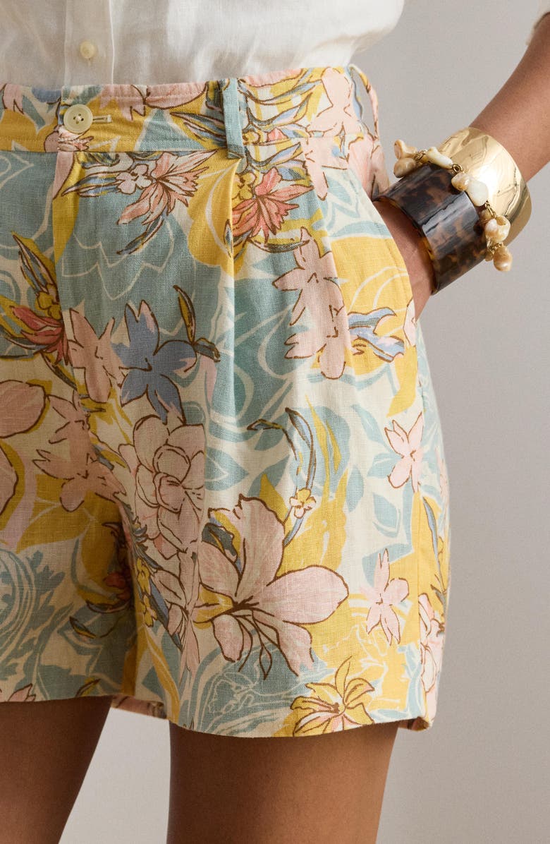 Lauren Ralph Lauren Floral Pleated Linen Short, Alternate, color, Cream/ Blue Multi