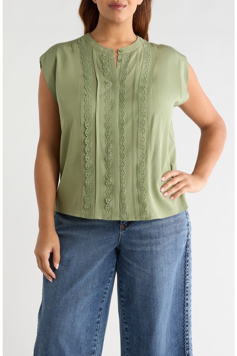 Lace Trim Mix Media Top, Main, color, BASIL