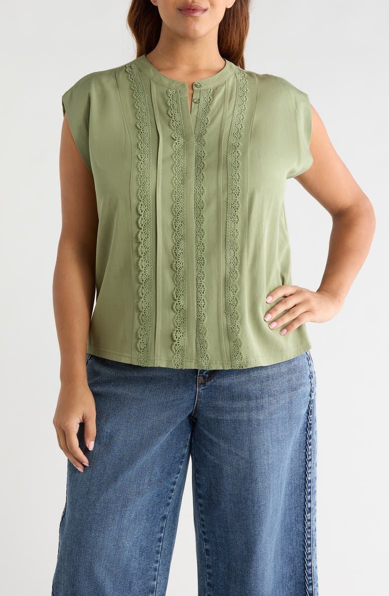 Wit & Wisdom Lace Trim Mix Media Top, Main, color, Basil