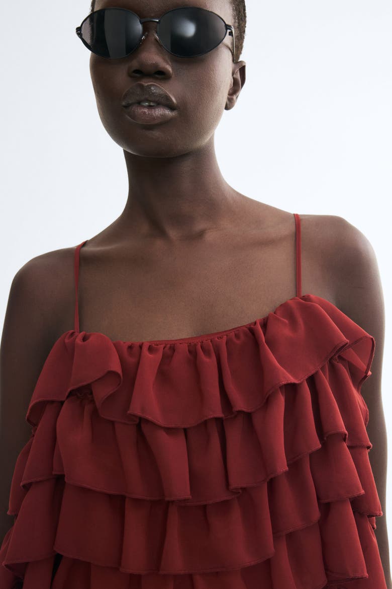 Ruffled Open-Shoulder Bodysuit, Alternate, color, Dark red