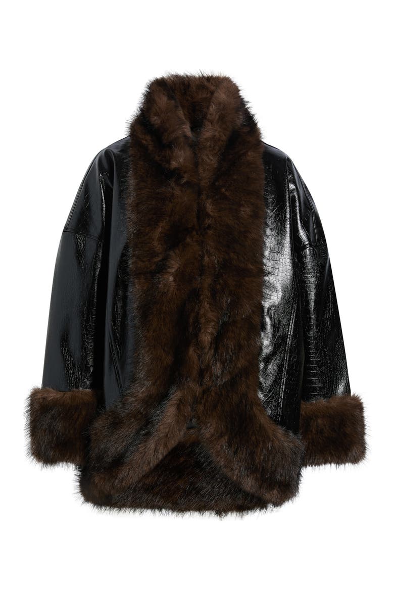 Carrie Croc Embossed Faux Leather Coat with Faux Fur Trim, Main, color, NOIR CROC/ FAUVE MULTI