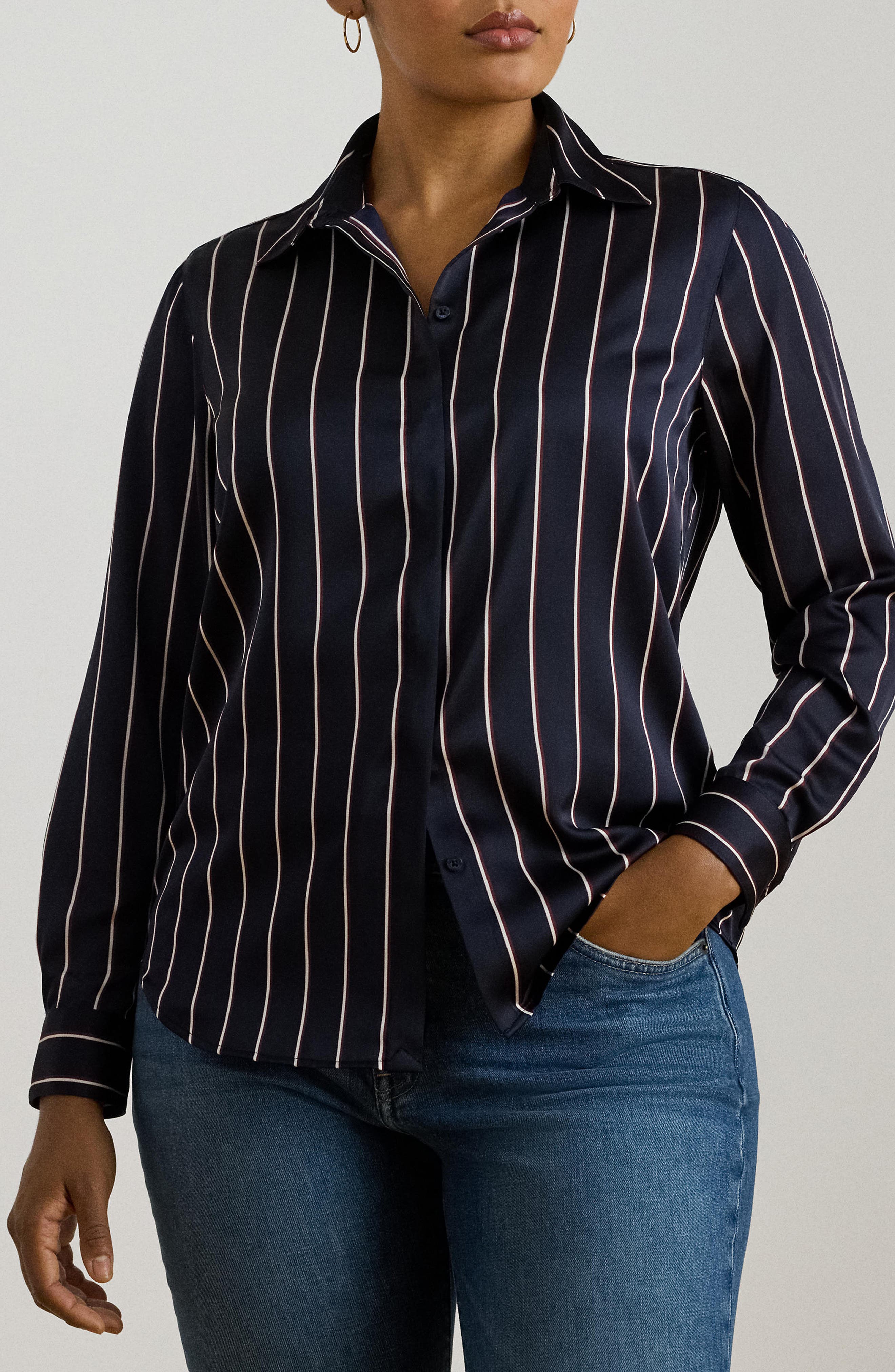 Classic Stripe Charmeuse Button-Up Shirt - image 2