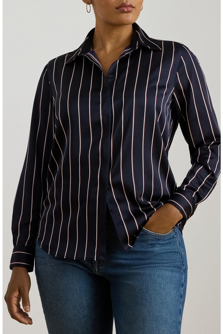 Classic Stripe Charmeuse Button-Up Shirt, Alternate, color, NAVY/ CREAM/ GARNET
