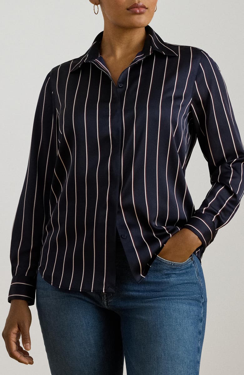 Lauren Ralph Lauren Classic Stripe Charmeuse Button-Up Shirt, Alternate, color, Navy/ Cream/ Garnet