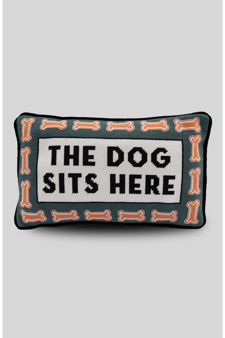 Dog Sits Here Needlepoint Pillow, Main, color, Black