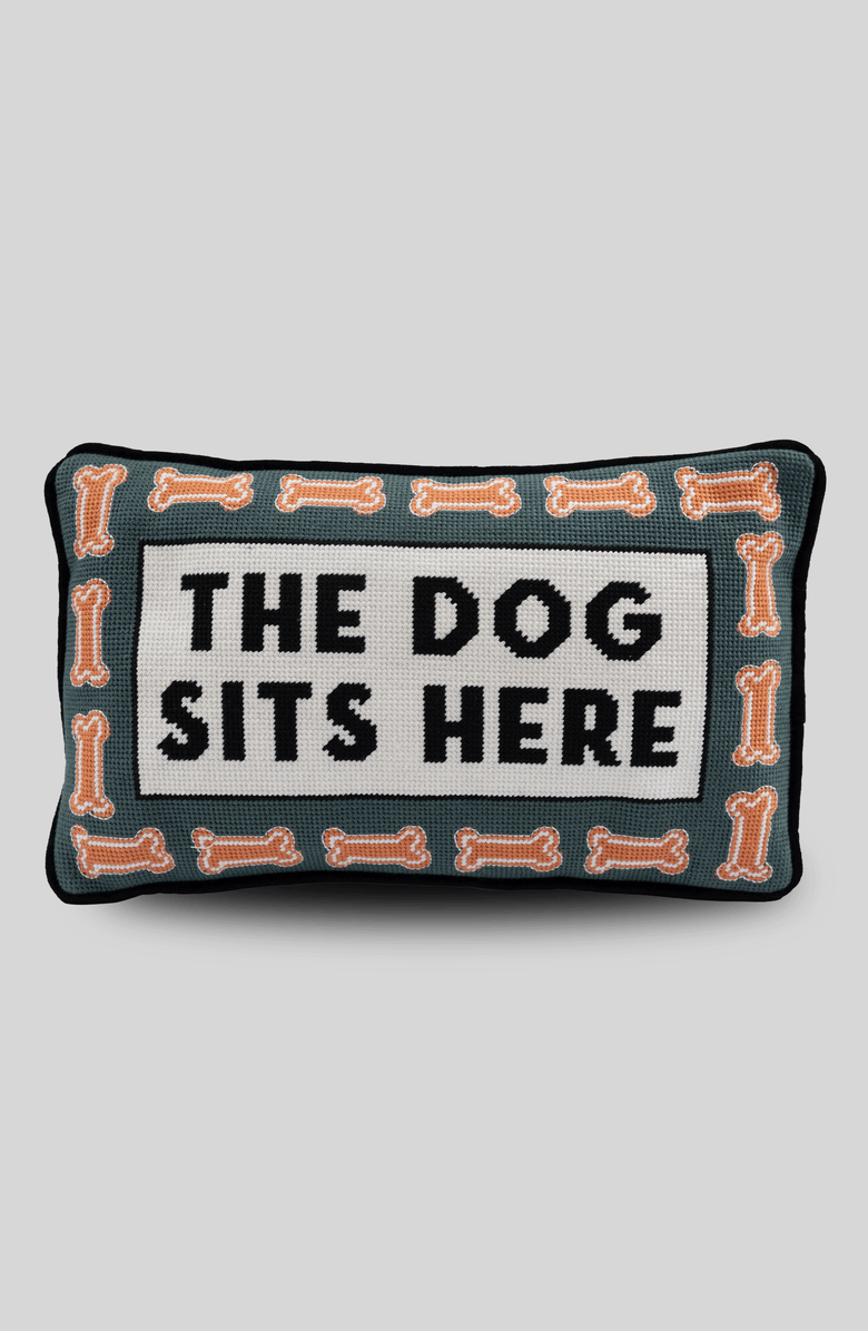 Furbish Dog Sits Here Needlepoint Pillow, Main, color, Black