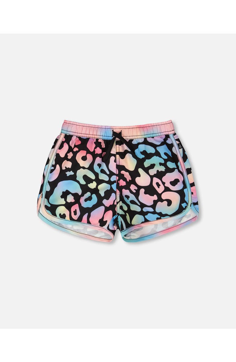 Deux par Deux Elastic Waist Drawstring Leopard Swim Shorts, Main, color, Black Leopard Print