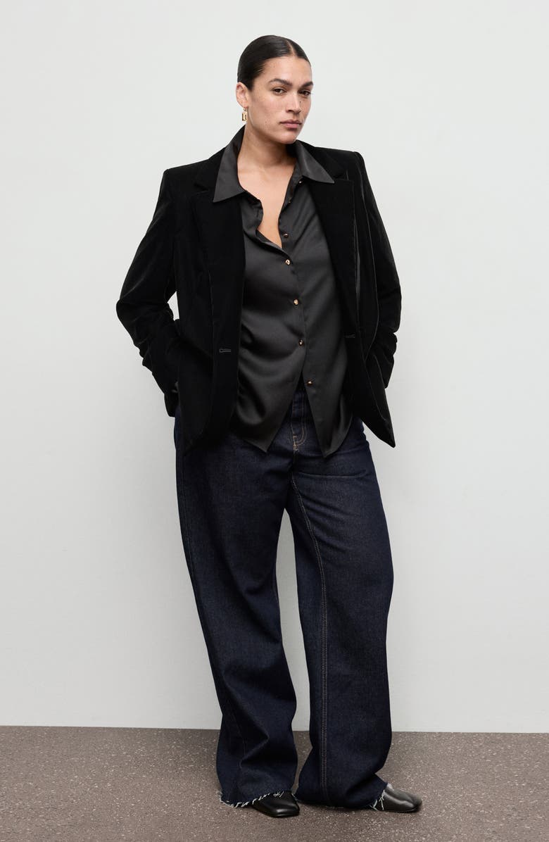 MANGO Double Breasted Velvet Blazer, Alternate, color, Black