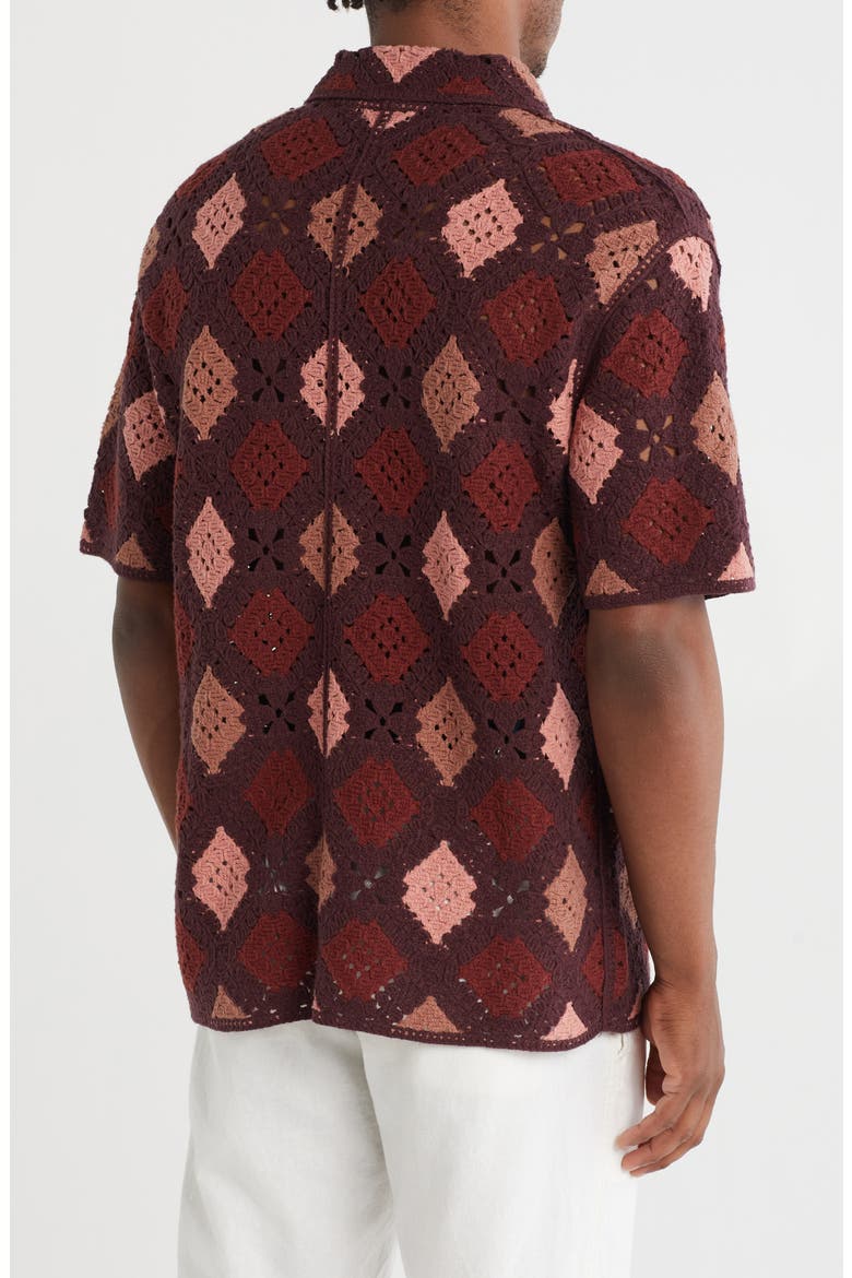 Crochet Diamond Short Sleeve Button-Up Shirt, Alternate, color, MAROON DIAMOND COMBO
