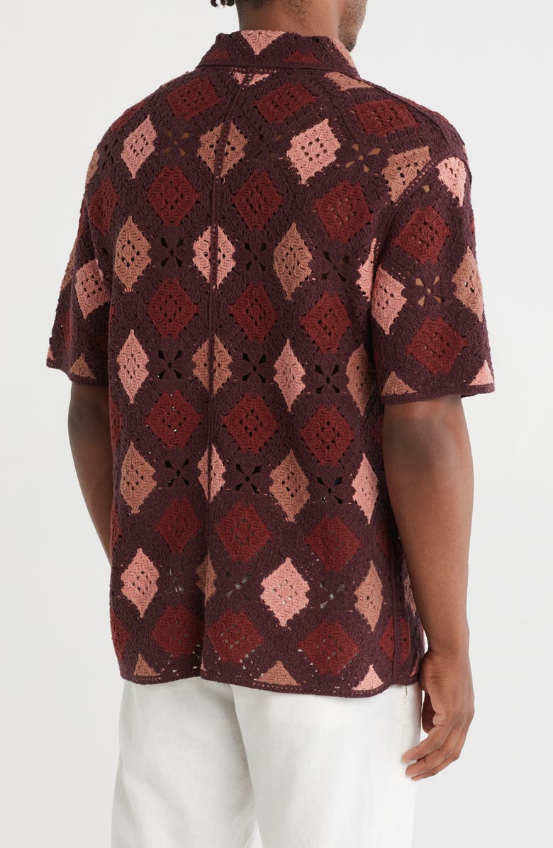 TRUTH Crochet Diamond Short Sleeve Button-Up Shirt, Alternate, color, Maroon Diamond Combo