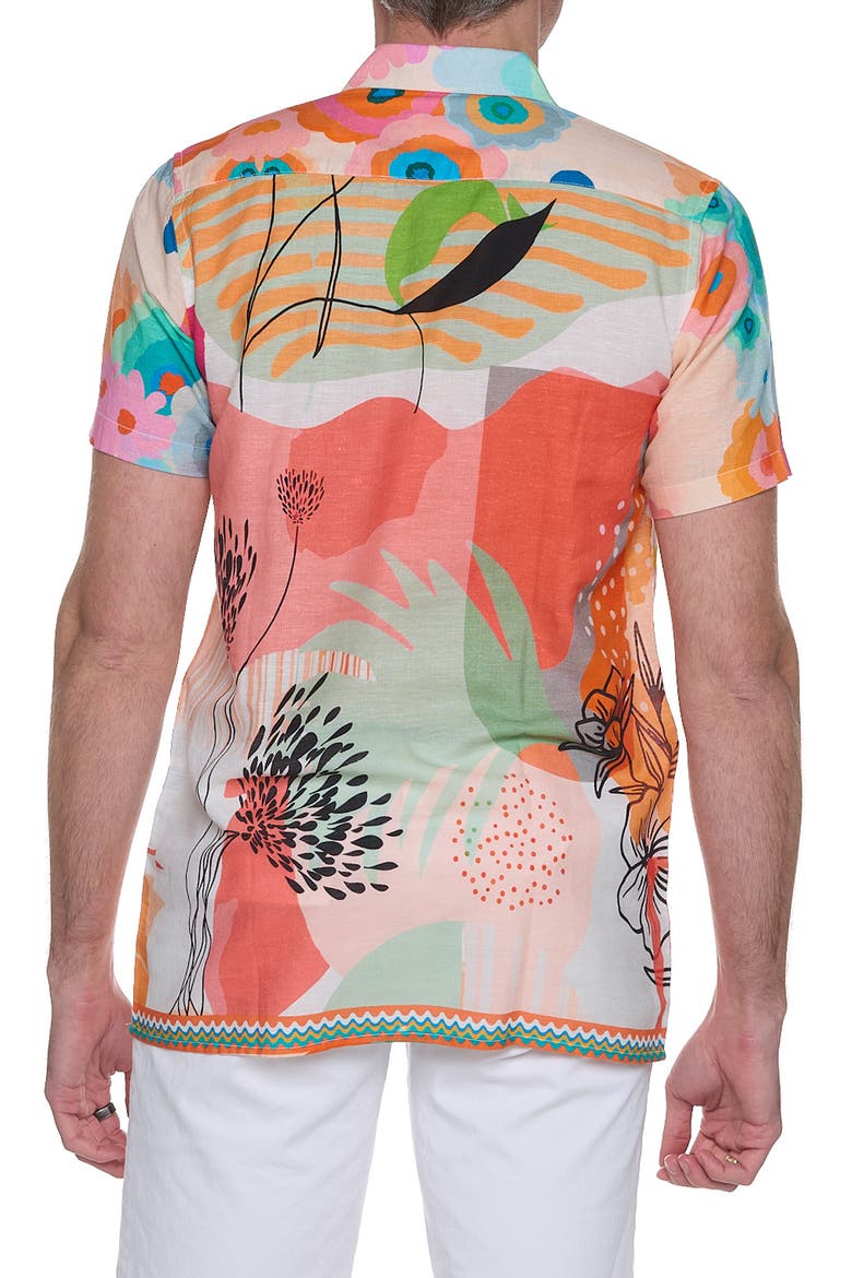 Extra Trim Fit Print Linen & Cotton Camp Shirt, Alternate, color, ORANGE