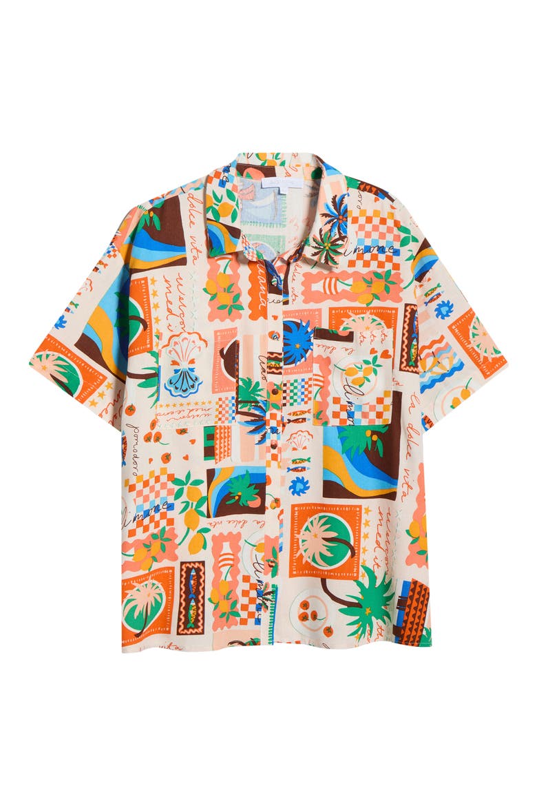 Print Loose Fit Button Up Top, Alternate, color, CORAL MULTI
