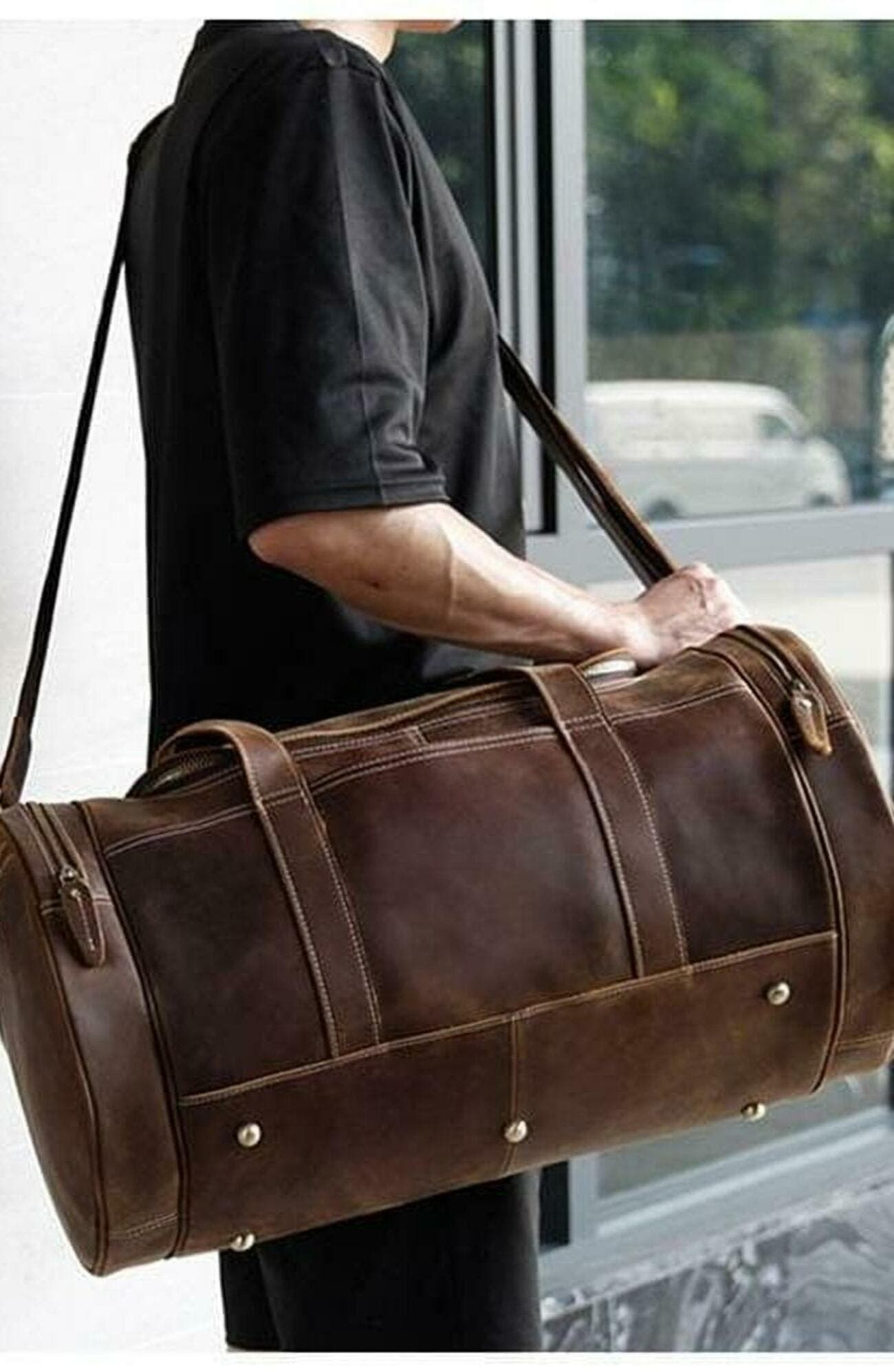 STEEL HORSE LEATHER The Wainwright Weekender | Round Vintage Leather Weekender, Alternate, color, Dark Brown