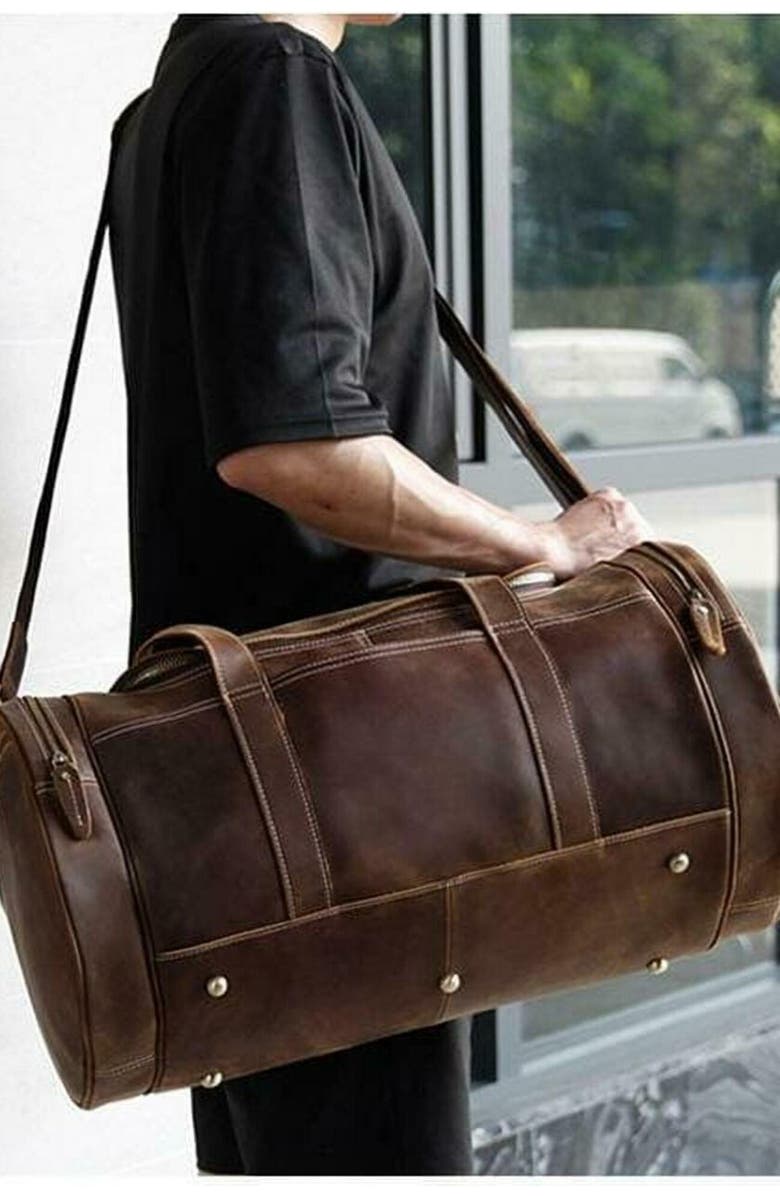 STEEL HORSE LEATHER The Wainwright Weekender | Round Vintage Leather Weekender, Alternate, color, Dark Brown