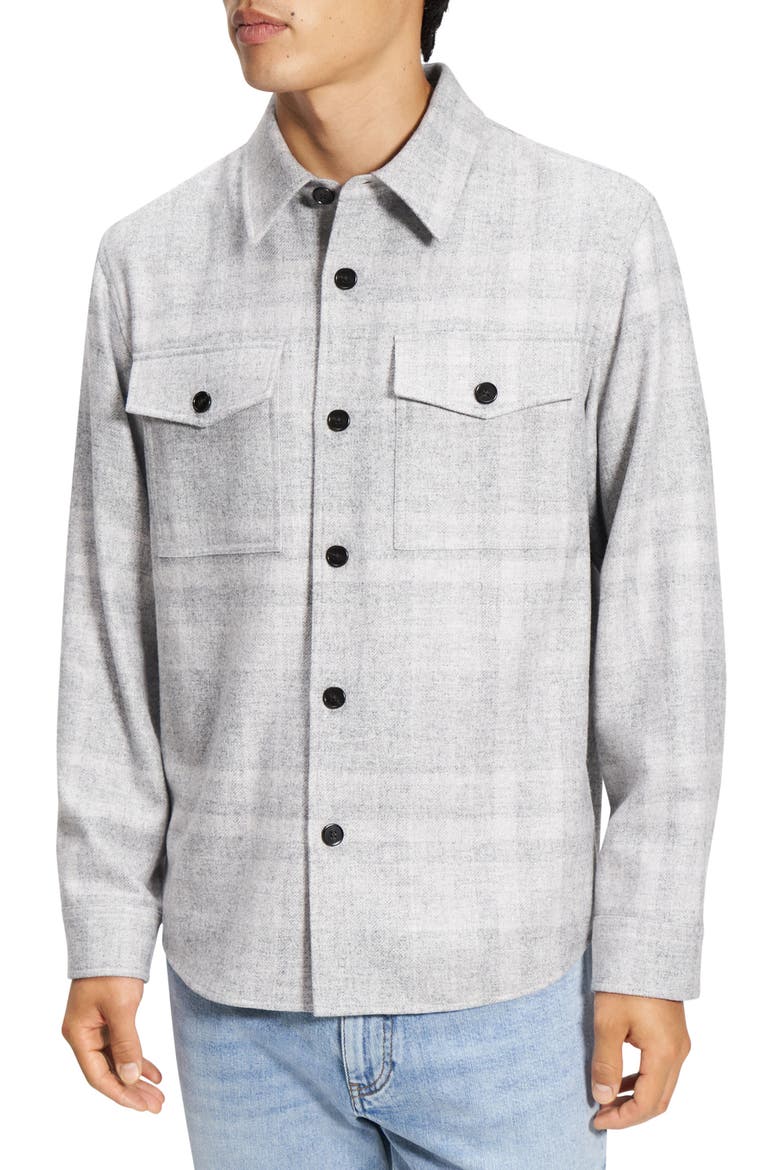Plaid Flannel Button-Up Overshirt, Main, color, LIGHT GREY MELANGE