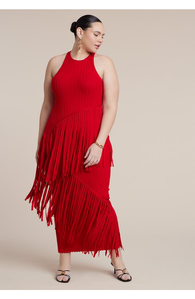 ELOQUII Ribbed Fringe Maxi Dress, Alternate, color, Goji Berry