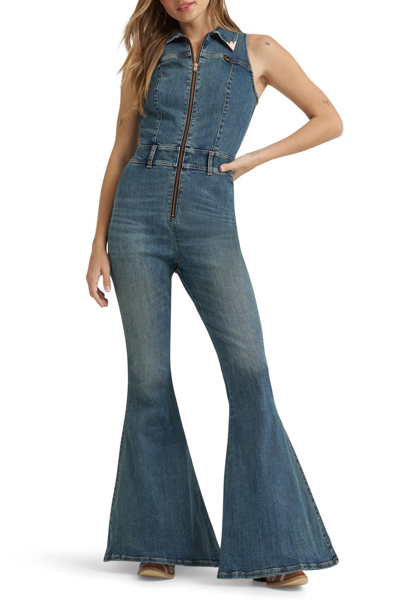 x Lainey Wilson Sleeveless Flare Denim Jumpsuit, Main, color, DENIM