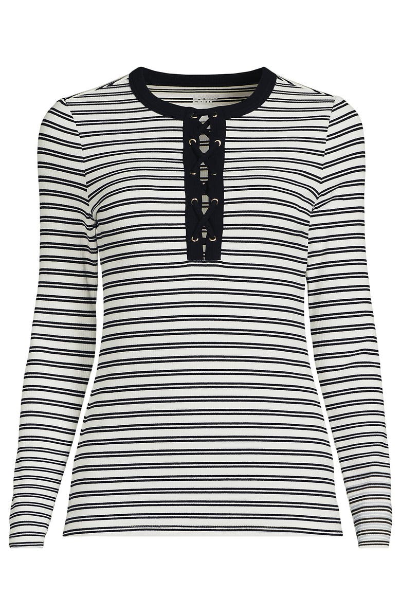 Lands' End Polished Rib Tie Henley Top, Alternate, color, Black Dual Stripe