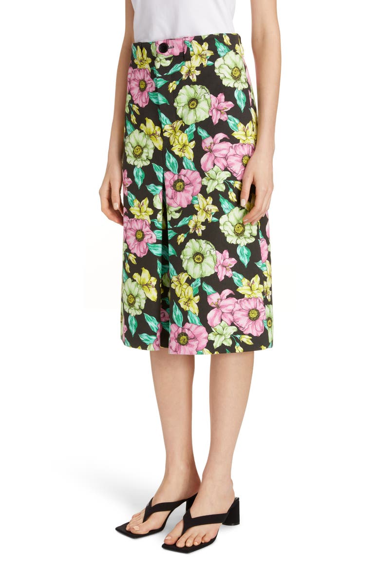 Floral Print Cotton A-Line Skirt, Alternate, color, BLACK/ GREEN