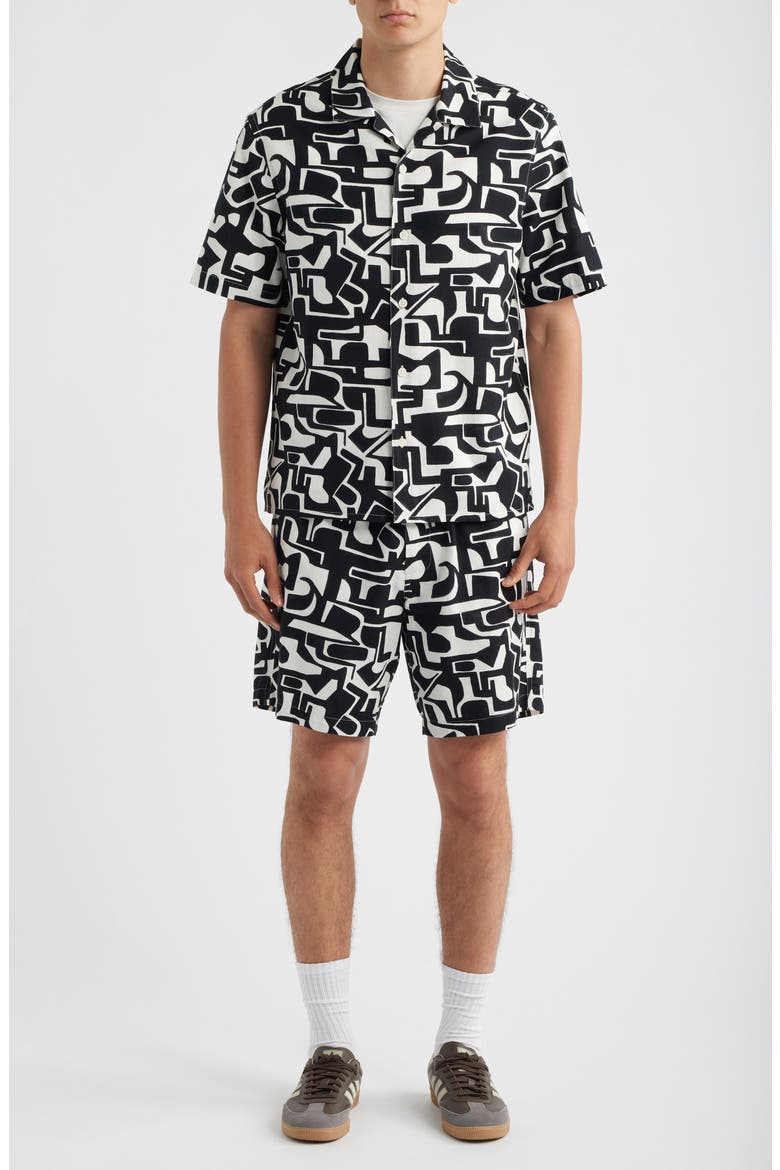 Didicot Squiggle Geo Cotton Camp Shirt, Main, color, BLACK / ECRU