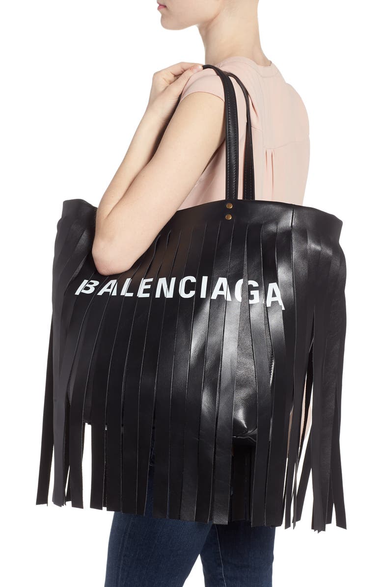 Balenciaga Small Laundry Cabas Fringe Calfskin Tote, Alternate, color,