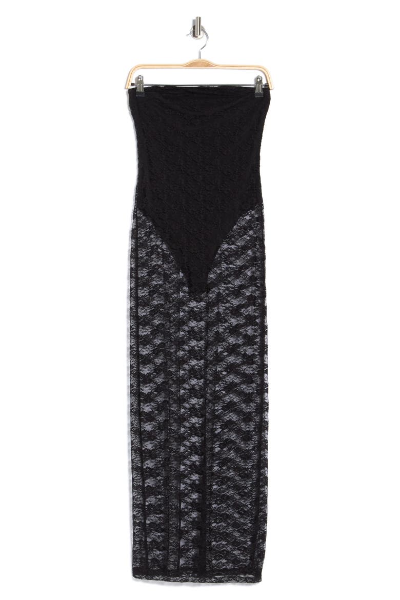Strapless Lace Midi Dress, Alternate, color, BLACK