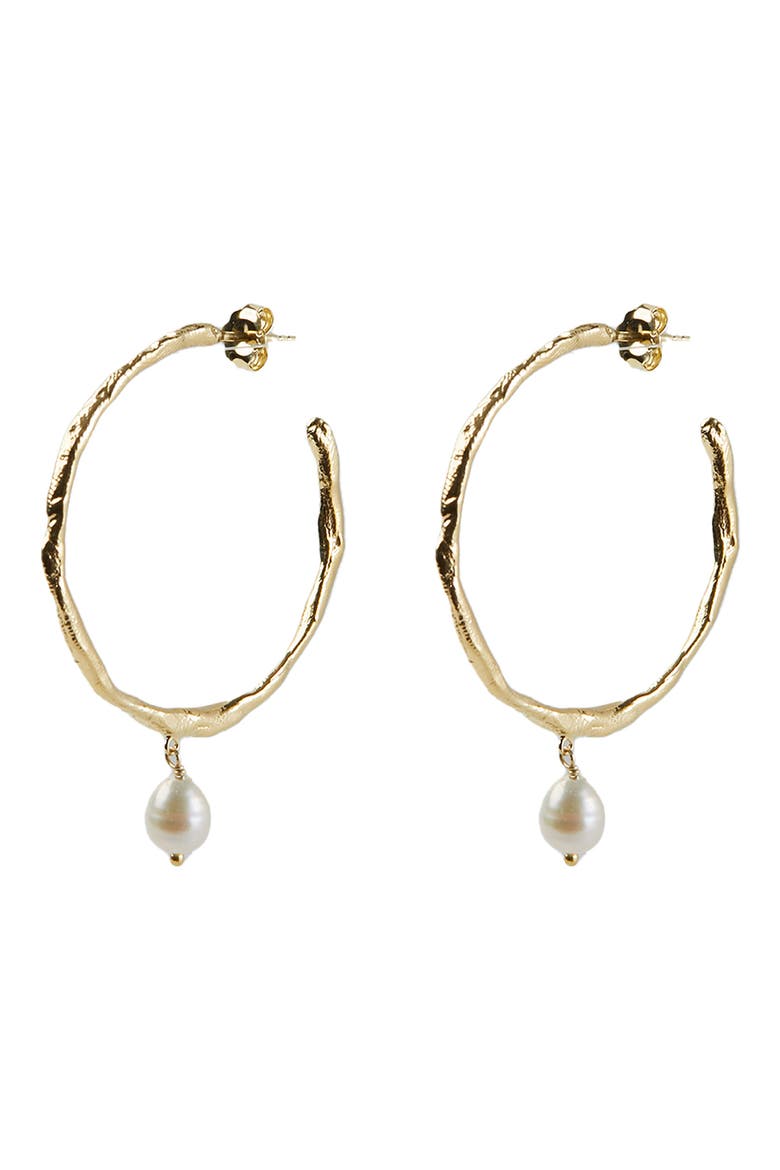 Freshwater Pearl Molten Hoop Drop Earrings, Main, color, GOLD