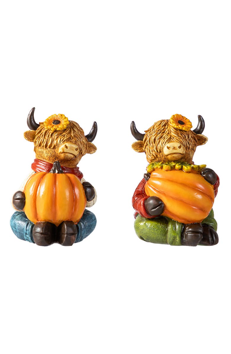 Glitzhome Set of 2 Fall Resin Highland Cow Table Decor, Main, color, Orange