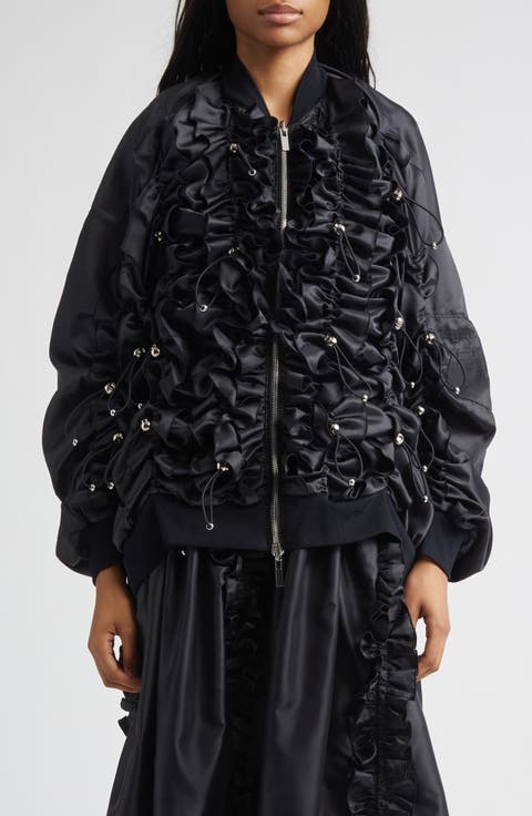 Drawcord Ruffle Twill Bomber Jacket