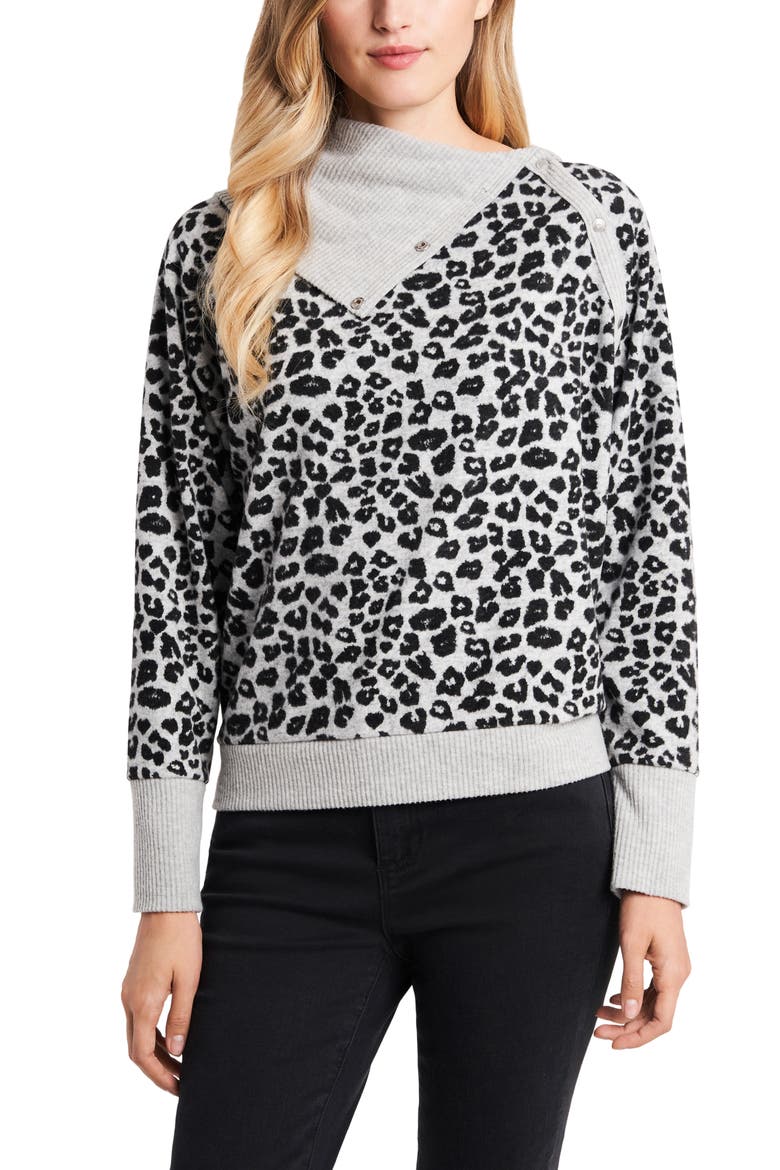 Leopard Jacquard Foldover Neck Brushed Top, Main, color, SILVER HTHR