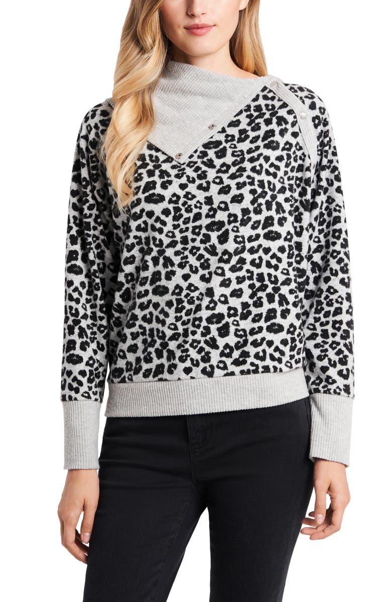 Vince Camuto Leopard Jacquard Foldover Neck Brushed Top, Main, color,