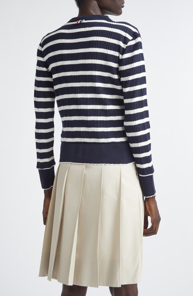Thom Browne Stripe Scallop Edge Cotton Rib Cardigan, Alternate, color, Navy/ White