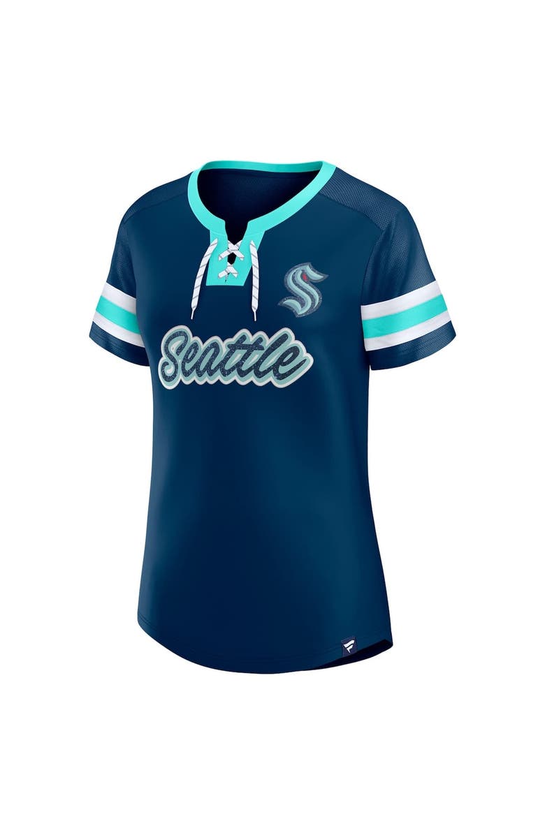 FANATICS Women's Fanatics Deep Sea Blue Seattle Kraken Iconic Athena Lace-Up T-Shirt, Alternate, color, True Navy