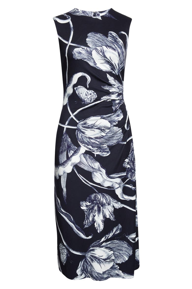 Floral Print Draped Jersey Midi Dress, Alternate, color, BOTANICAL ENGRAVING MIDNIGHT