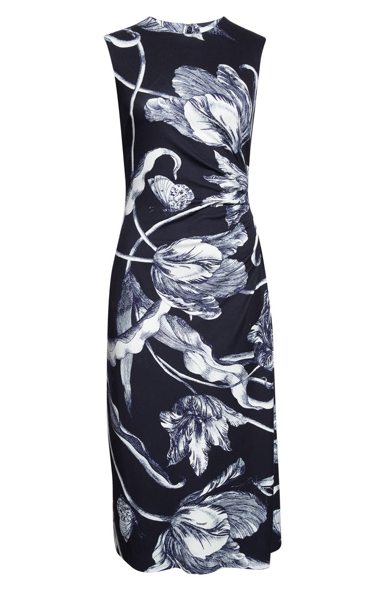 Erdem Floral Print Draped Jersey Midi Dress, Main, color, Botanical Engraving Midnight