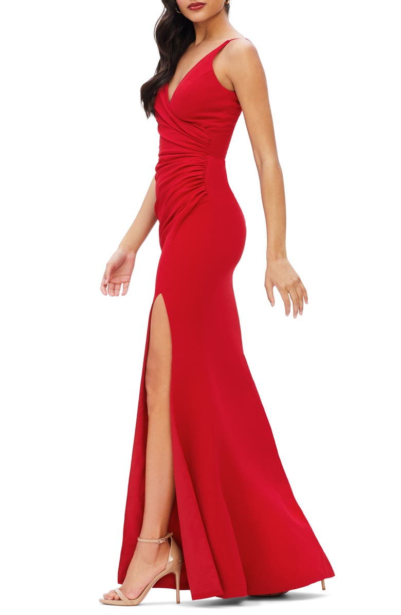 Dress the Population Jordan Ruched Side Slit Gown, Alternate, color, Rouge