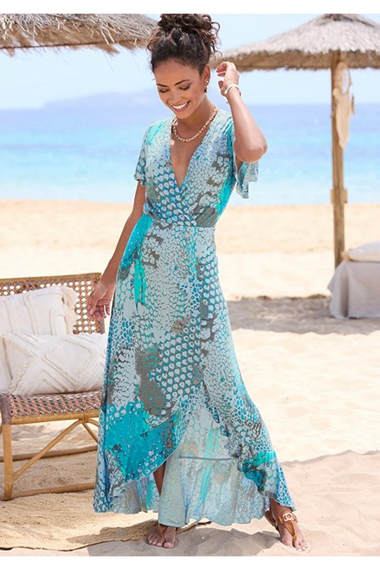 Women's Printed Side Slit Maxi Dress, Alternate, color, Blue Multi
