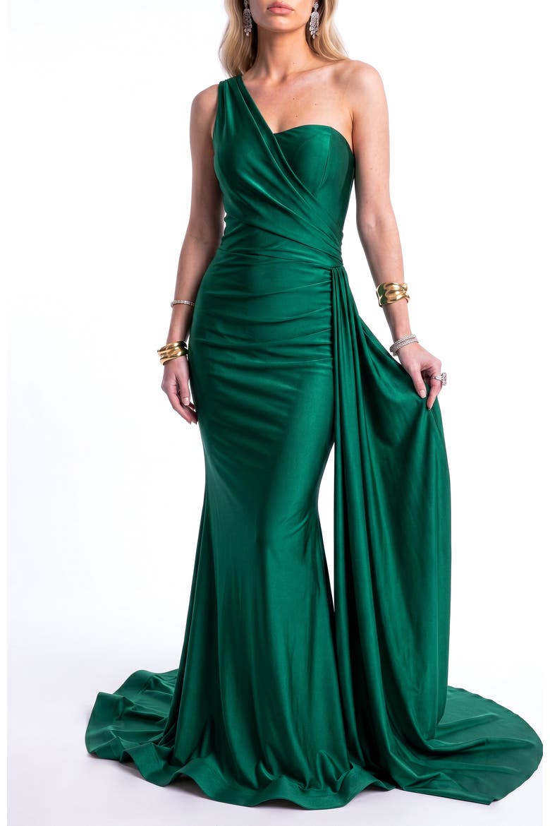 One-Shoulder Draped Satin Mermaid Gown With Side Cascade, Alternate, color, Forest Green