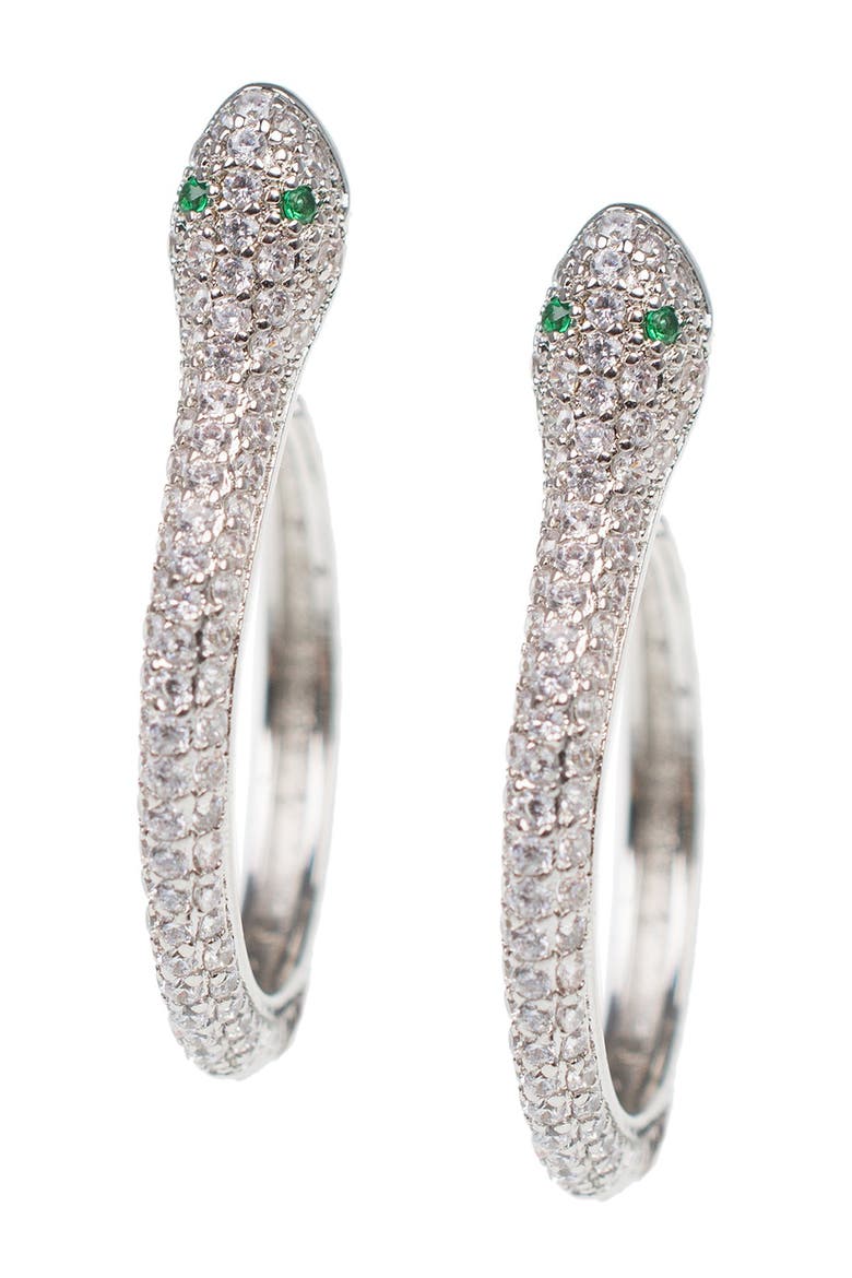 Rhodium Plated Pave Snake Hoop Earrings, Main, color, EMERALD-SILVER