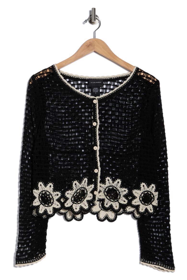Scallop Trim Crochet Sweater, Alternate, color, BLACK/ IVORY
