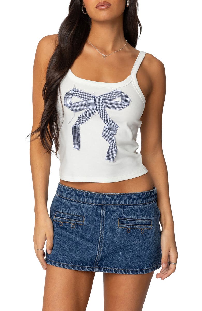 EDIKTED Harpa Bow Appliqué Cotton Graphic Camisole, Main, color, White