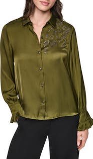 DKNY Animal Heat Set Studs Satin Button-Up Shirt